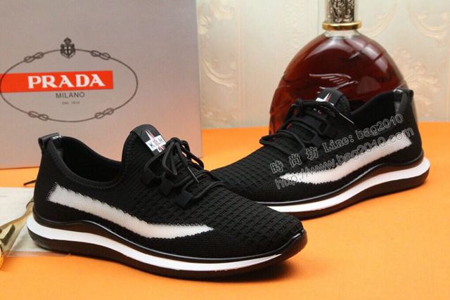 PRADA男鞋 普拉達新品男鞋 PRADA進口飛織彈力布鞋 黑色系帶鞋  hdx13427